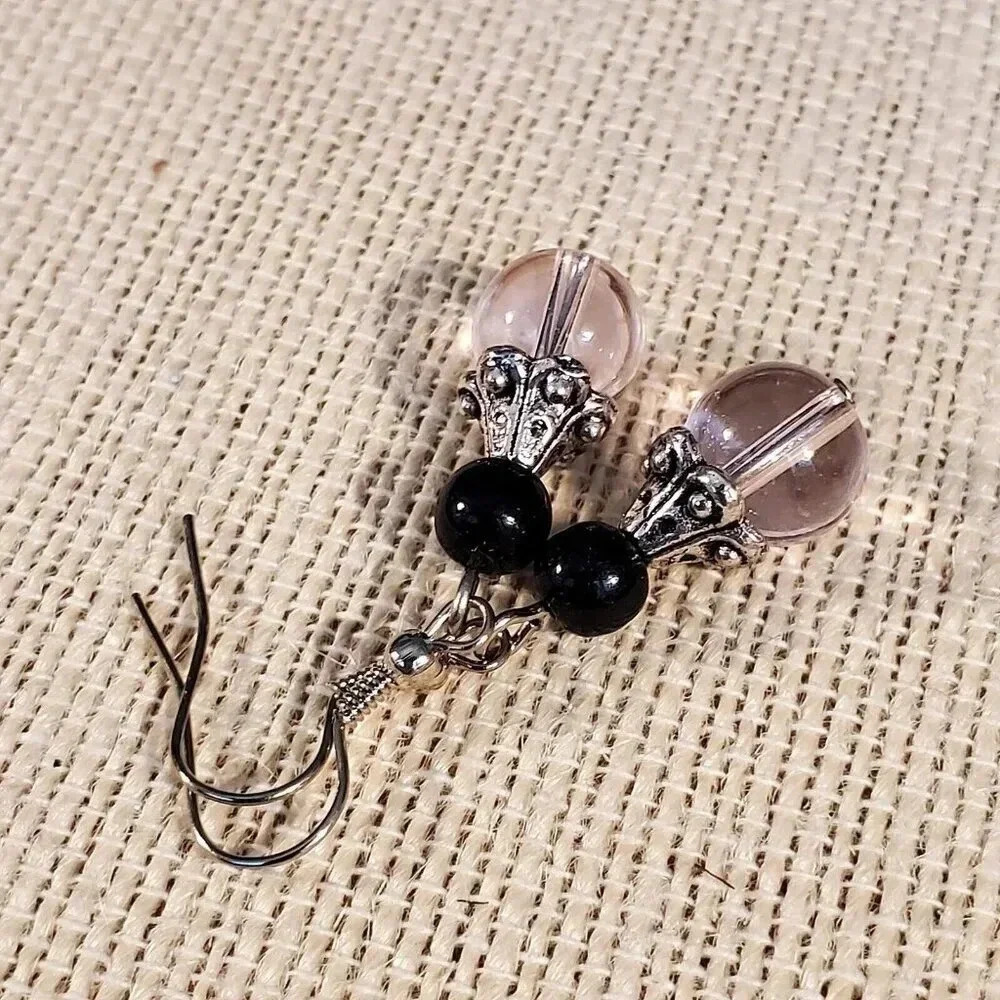 Antique Silver Carved Bead Caps Light Pink Black Glass Earrings